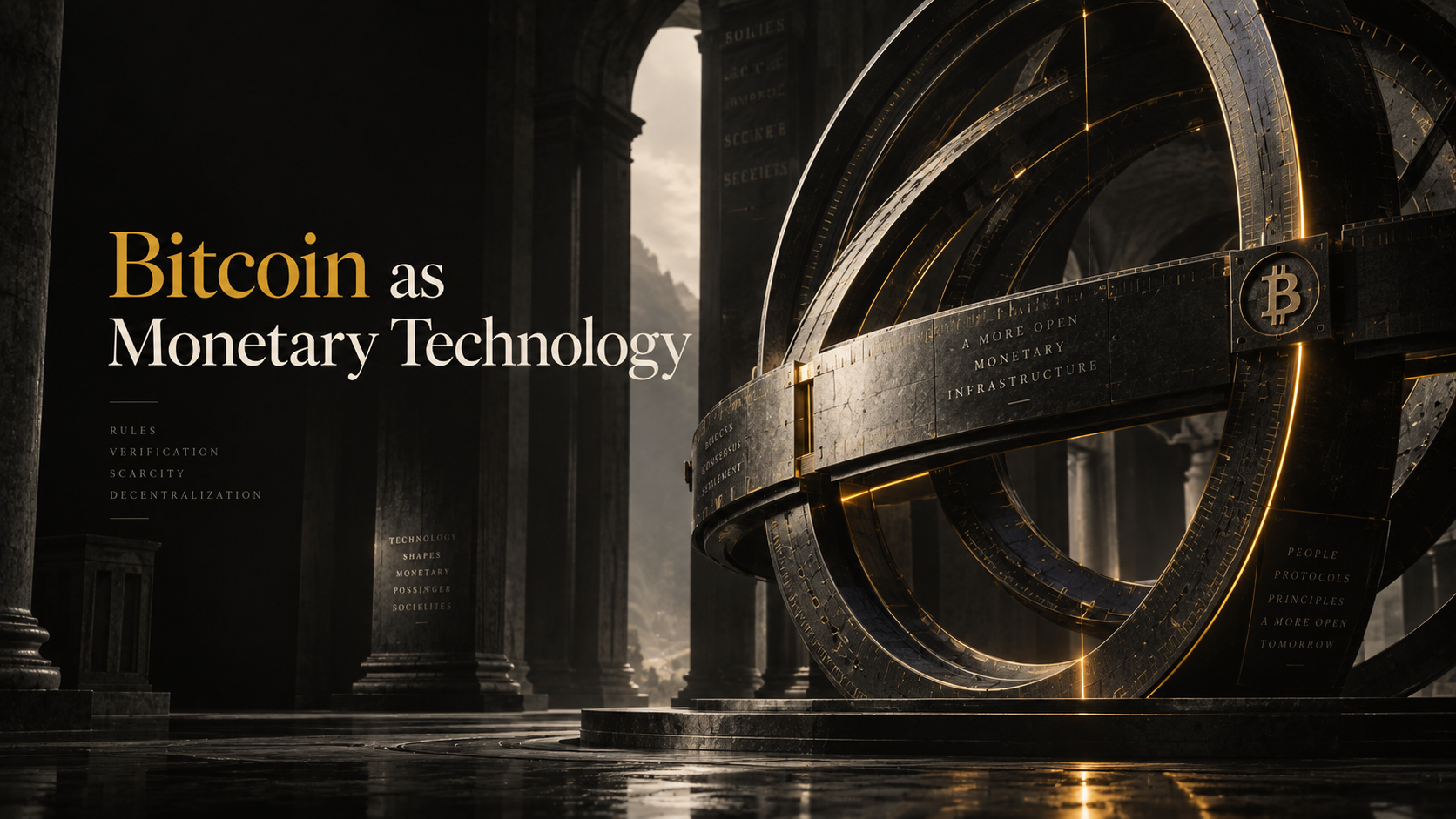 Bitcoin as Monetary Technology โครงสร้างวงแหวนโลหะในโถงสถาปัตยกรรมมืด สื่อถึงกฎ การตรวจสอบ ความขาดแคลน และเครือข่ายแบบกระจายศูนย์ของ Bitcoin