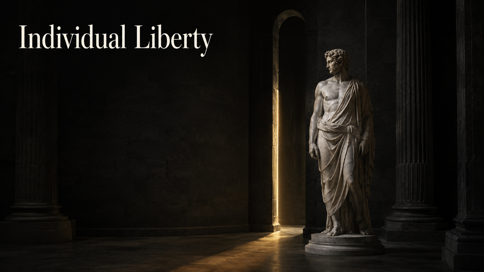 ภาพประกอบเสรีภาพปัจเจก (Individual Liberty): รูปปั้นคลาสสิกท่ามกลางเสาและแสงสว่าง