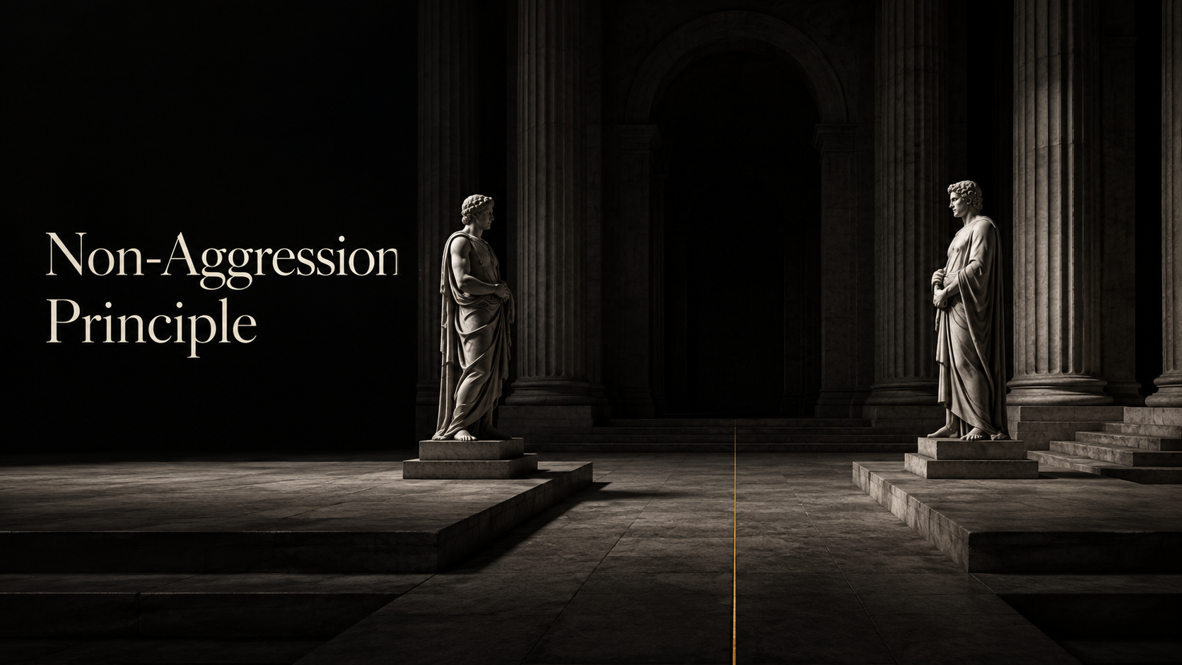 ภาพประกอบหลักการไม่รุกราน (Non-Aggression Principle): รูปปั้นสองฝั่งในสถาปัตยกรรมคลาสสิกและเส้นแบ่งสีทอง