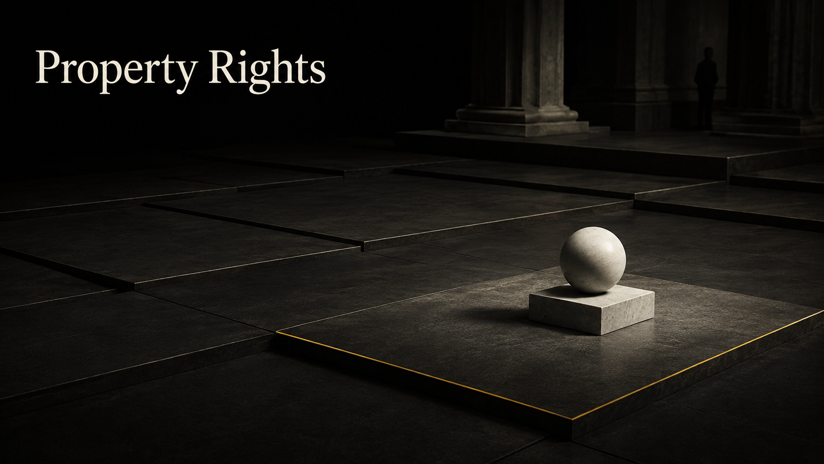 ภาพประกอบสิทธิในทรัพย์สิน (Property Rights): พื้นที่สถาปัตยกรรมคลาสสิกและวัตถุที่ถูกวางบนแท่น