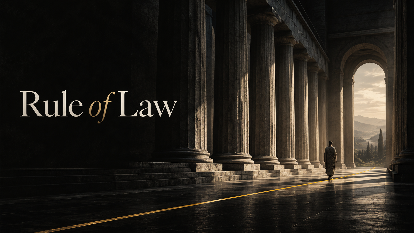 ภาพปก Rule of Law แสดงบุคคลท่ามกลางแนวเสาหินและเส้นที่ต่อเนื่อง สื่อถึงกฎทั่วไปและการจำกัดอำนาจตามอำเภอใจ