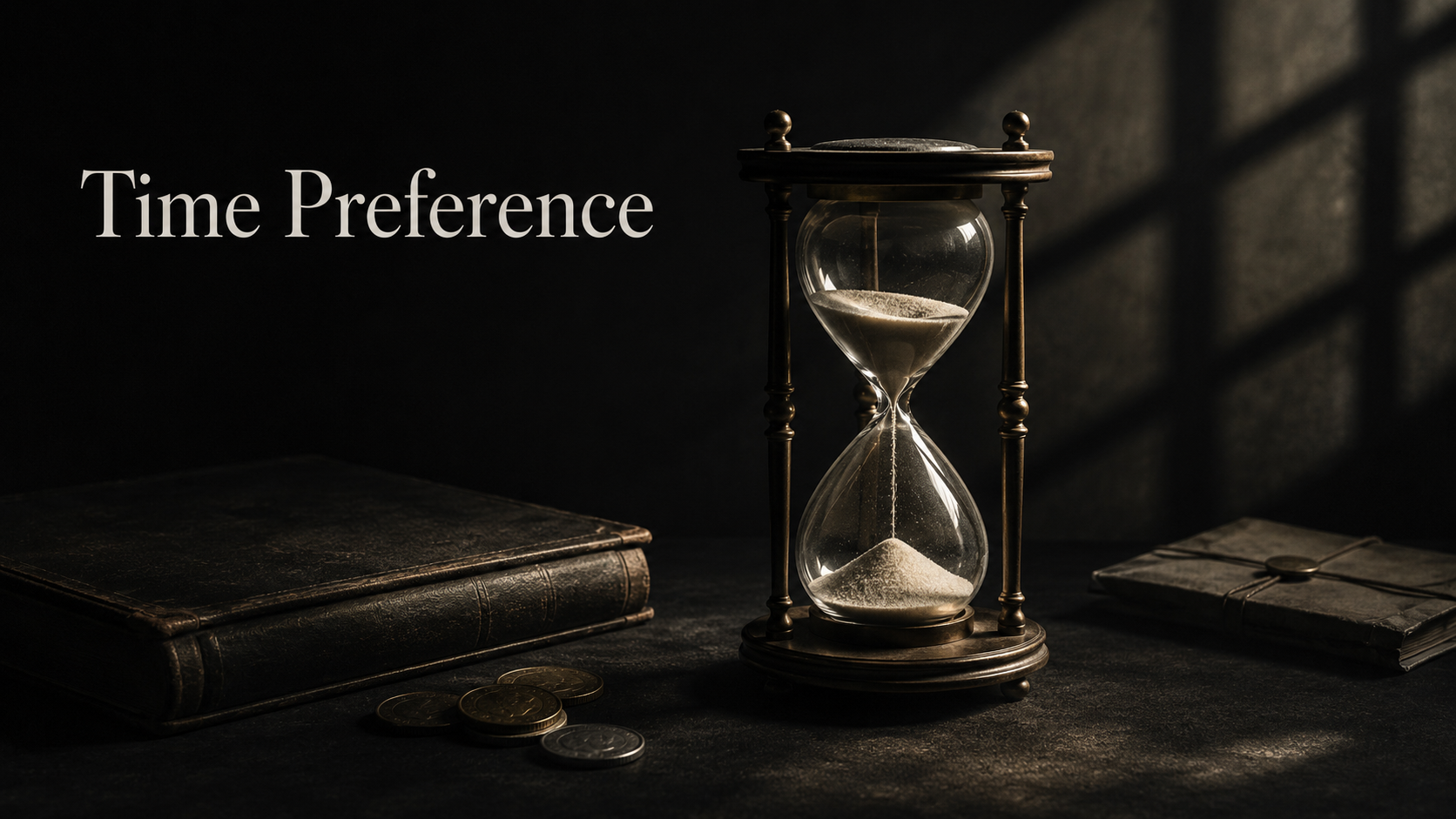 ภาพประกอบความเห็นแก่เวลา (Time Preference): นาฬิกาทราย หนังสือ และเหรียญ